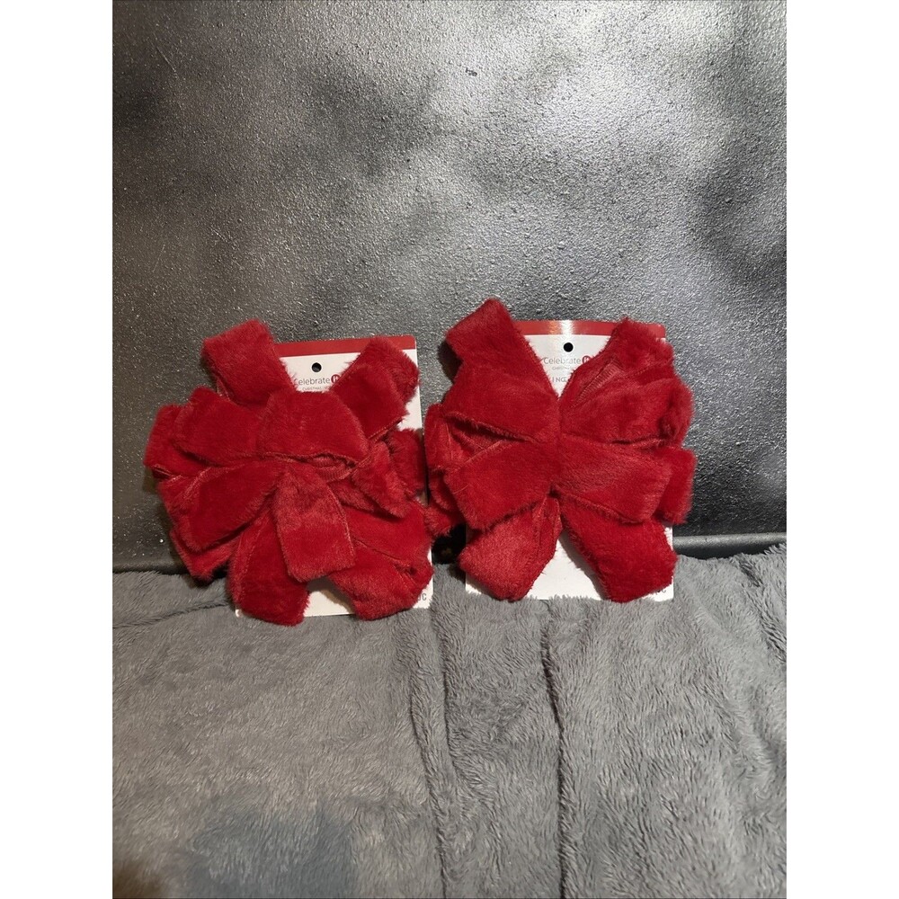 Celebrate It Christmas Red Faux Fur Tree Bows Set of 2 Holiday Decor